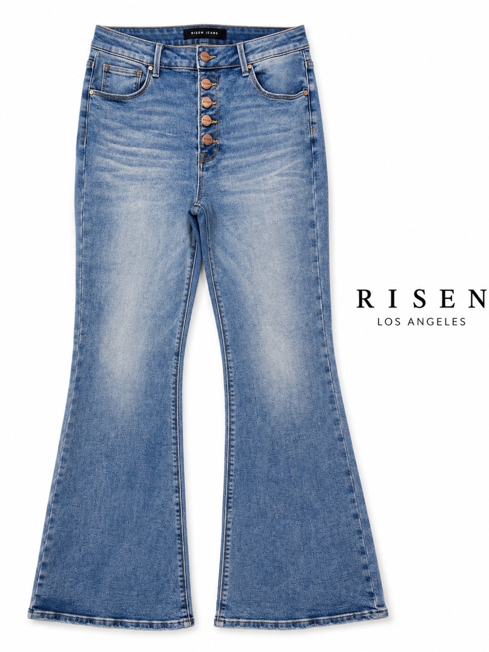 RISEN Los Angeles Light Blue High-Rise Button-Front Flare Jeans